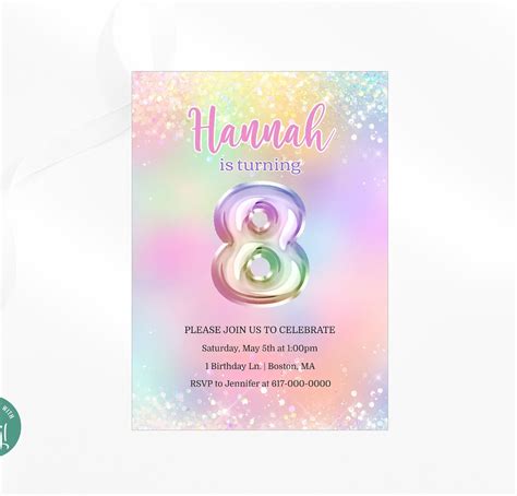 Birthday Invitation Girl Pastel Rainbow 8th Birthday Invitation