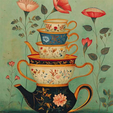 folk art style teacup stack  stock photo public domain pictures