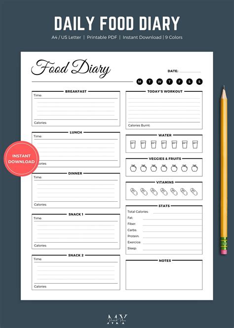 Daily Food Diary Printable Daily Food Journal Template Food Log Diet Tracker And Calorie