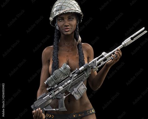 Portrait Of A Sexual Topless Pin Up Semi Nude African American Female Sniper Holding Her Weapon