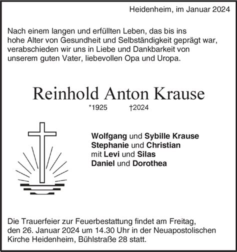 Traueranzeigen Von Reinhold Anton Krause Trauer Hz De