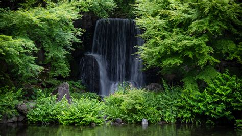 Картинки Япония, экспо мемориальный парк, водопад, деревья, водоём ...