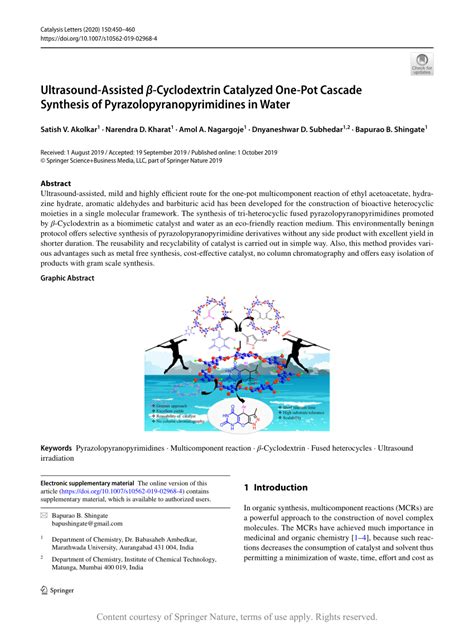 Ultrasound Assisted β Cyclodextrin Catalyzed One Pot Cascade Synthesis