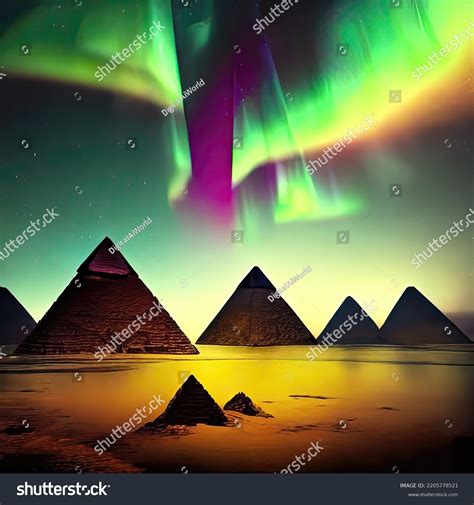 Egyptian Pyramids During Aurora Borealis Stock Illustration 2205778521