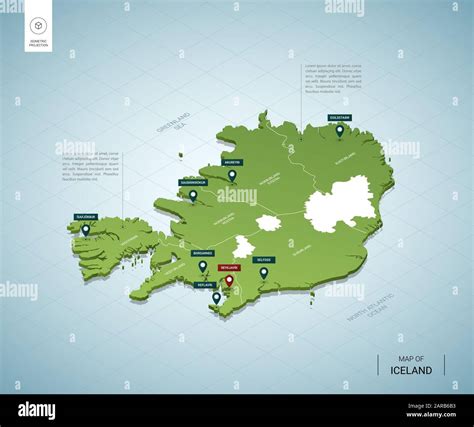 Mapa estilizado de Islandia Mapa verde isométrico 3D con ciudades