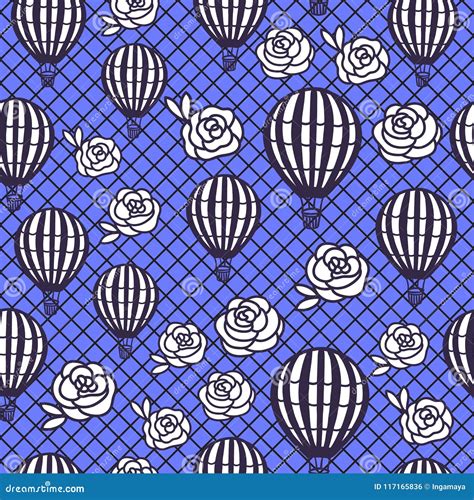 Vector Seamless Pattern Hot Air Balloon And Hand Drawing Rose Flowers Stock Vector