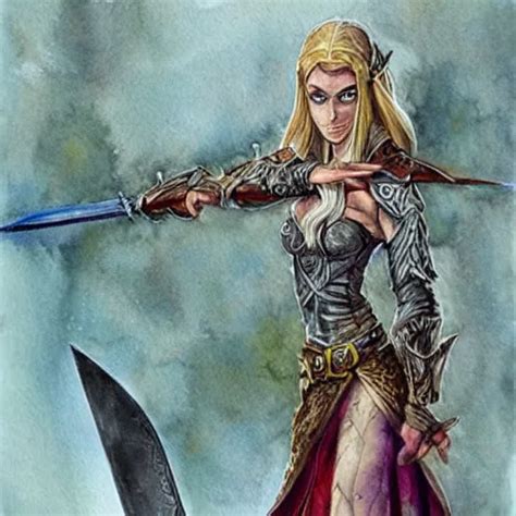 A Female Elf Holding A Sword A Watercolor Painting By Stable