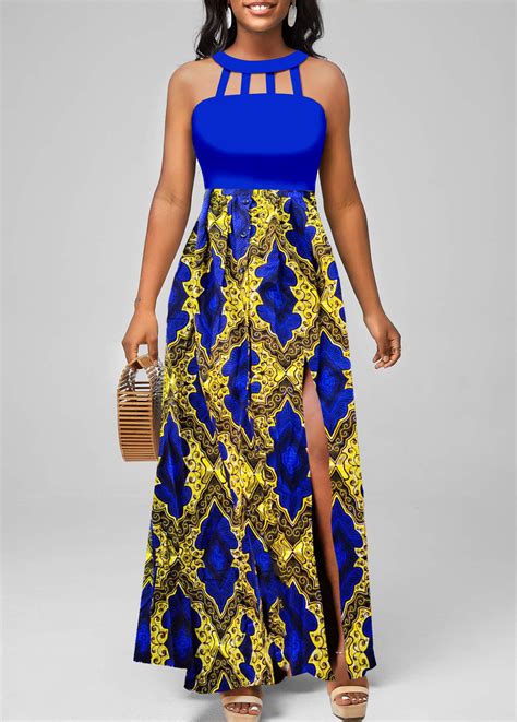 Rotita Cage Neck African Tribal Print Royal Blue Maxi Dress Rotita