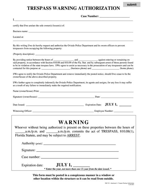 Fillable Online Cityofoviedo Trespass Warning Authorization Form City