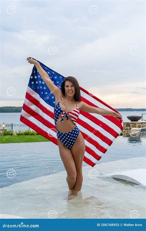 Patriotic Woman Wearing A Bikini Swimsuit Stock Image Image Of Casual Flirtatious 206768953