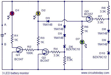 3 Led Battery Monitor Circuit Todays Circuits