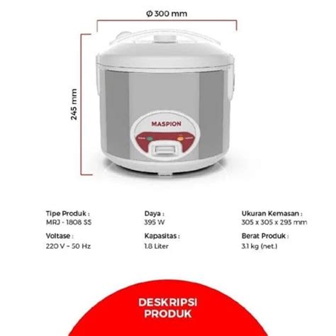 Jual Maspion Rice Cooker 1 8 L MRJ 1808SS Wahana Superstore