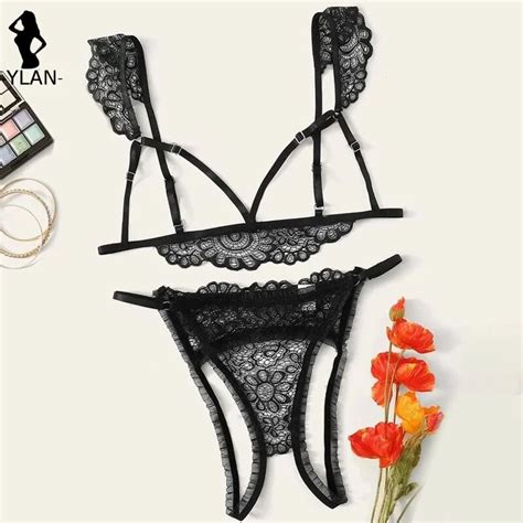 Uaang Women S Sexy Lingerie Set Open Cup Bra Set Hollow Brassiere Crotchless Thong Transparent