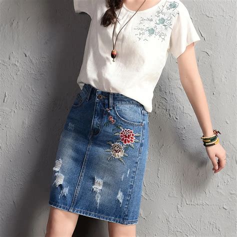 High Quality Summer High Waist Women Embroidered Denim Skirts Korean