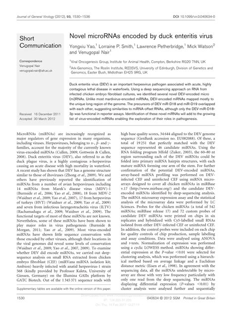 (PDF) Novel microRNAs encoded by duck enteritis virus