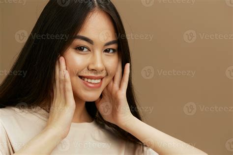 Brunette T Shirt Posing Modern Styles Cosmetics Beige Background 22521930 Stock Photo At Vecteezy