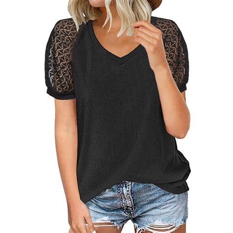 V Neck Soft Work Loose Summer Women Blouse Casual Tops Elegant Lace