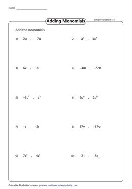 Adding And Subtracting Monomials Worksheets