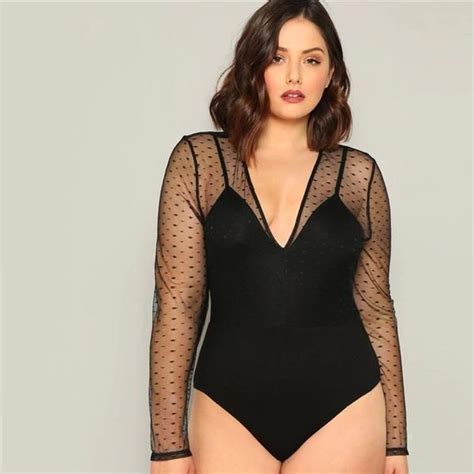 Long Sleeve V Neck Mesh Patchwork Plus Size Bodysuits Plus Size