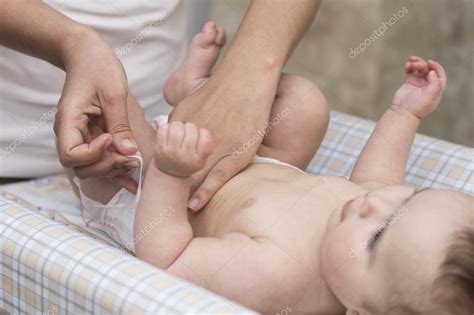 Newborn Baby Gets Diaper Change Mother Wipes Baby Baby Wipe Stock Photo