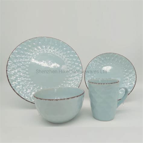 16PCS Stoneware Embossed Color Glazed Dinner Set With Antique Line