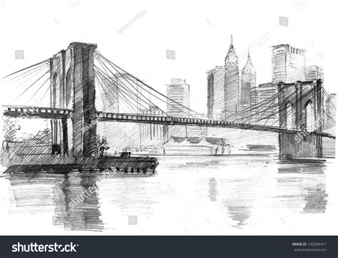 Pencil Drawing Landscape Set Skyscrapers Brooklyn Stock Illustration ...