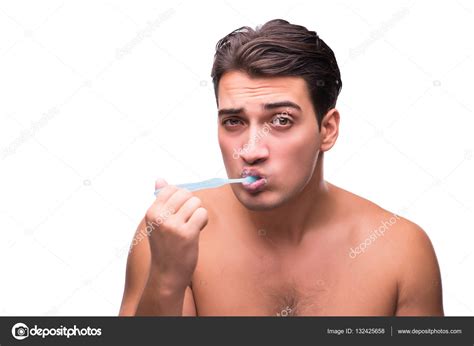 Handsome Man Brushing His Teeth Isolated On White Stock Photo Elnur