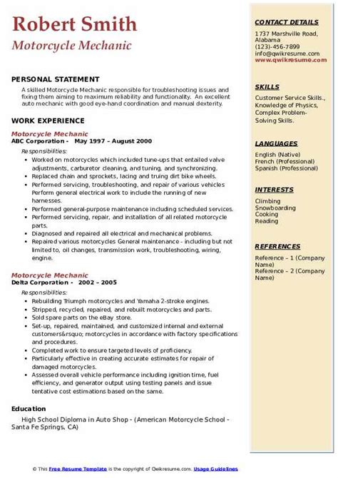 10+ Motorcycle Mechanic Resume Samples & Templates for 2025