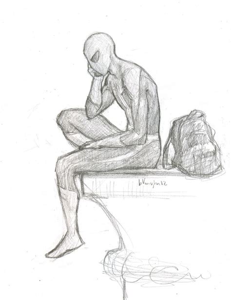 a pencil drawing of a man sitting on a bench