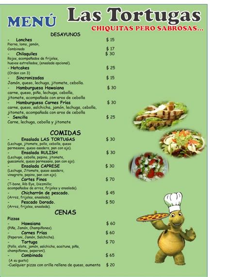 Menu at LAS Tortugas restaurant, Tenamaxtlán