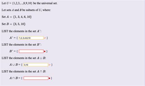 Solved Let U {1 2 3 8 9 10} Be The Universal Set Let