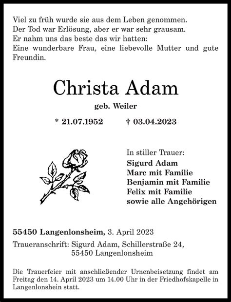 Traueranzeigen Von Christa Adam Rz Trauer De