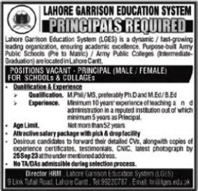 Positions Vacant At Lahore Garrison Education System Lges Job