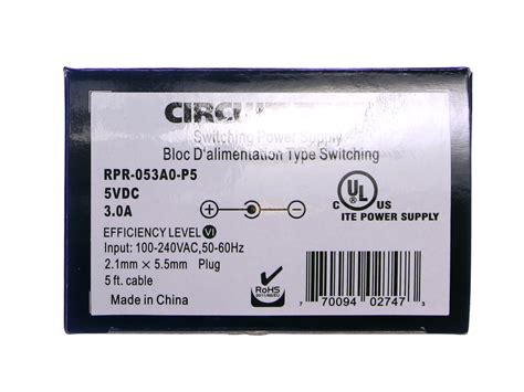 AC/DC Switching Adapter - 5VDC/3.0A (+) 2.1 - Solarbotics Ltd.