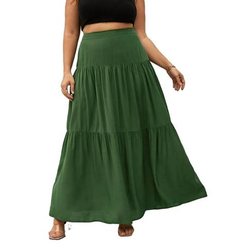 Boho Solid Layered Tiered Green Plus Size Skirts Womens