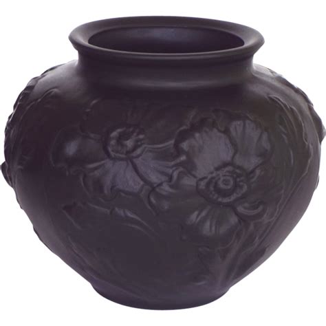 1930s Tiffin Black Amethyst Satin Glass Vase Embossed Poppy Design Black Amethyst Poppy