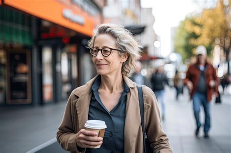 Premium Photo Portrait Of A Captivating Mature Woman Having A Coffee On The Street
