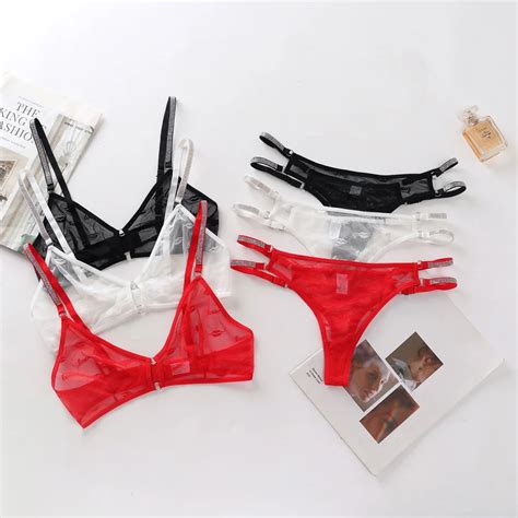 Lace Mesh Perspective Triangle Cup Transparent Underwear Thong Set