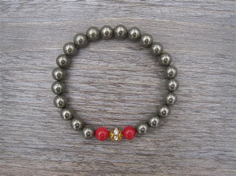 Golden Natural Pyrite Bracelet Fools Gold And Red Bamboo Etsy