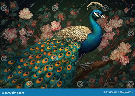 Beautiful Peacock In Flower Garden Painting Stock Illustration