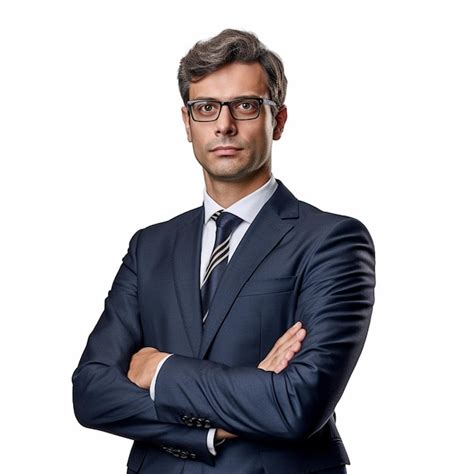 Premium Ai Image A Man In A Suit With A Striped Tie And Glasses Stands With His Arms Crossed