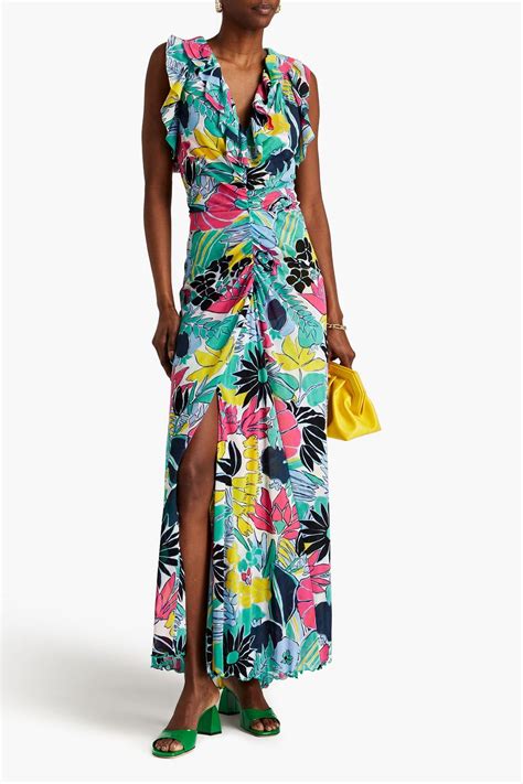 Diane Von Furstenberg Sean Ruffled Floral Print Stretch Mesh Maxi Dress