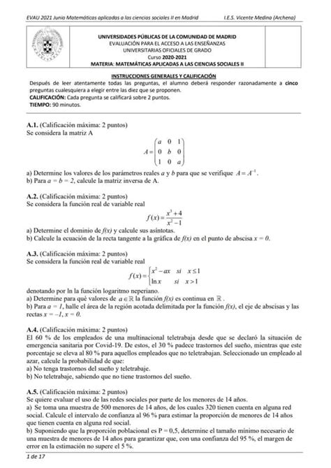 EVAU Matemáticas Madrid Exámenes y Soluciones 2024