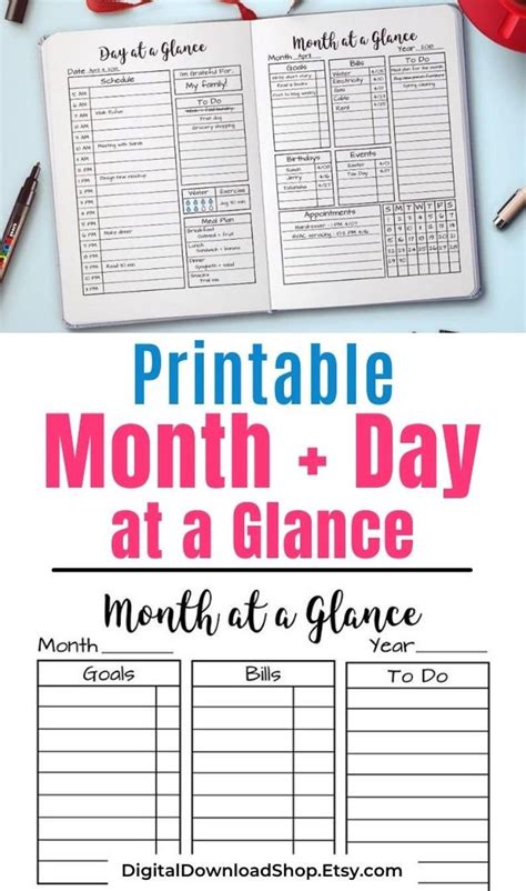 Month At A Glance Printable Day At A Glance Bujo Journal Printable