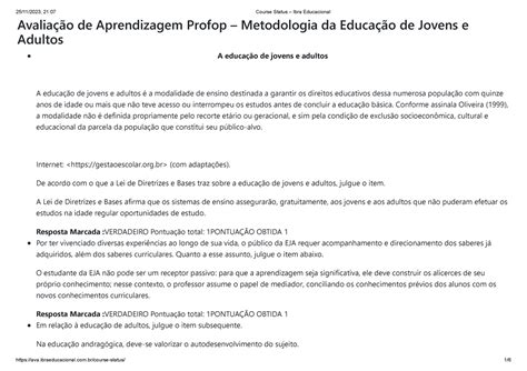 Avalia O De Aprendizagem Profop Metodologia Da Educa O De Jovens E