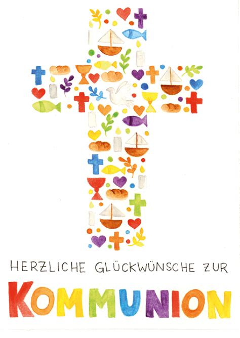 Karte Zur Kommunion Buntes Kreuz Symbole