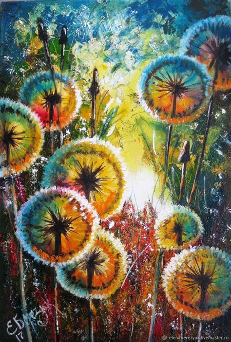 Dandelion Flower Art Original Oil Painting Summer Landscape Shop And