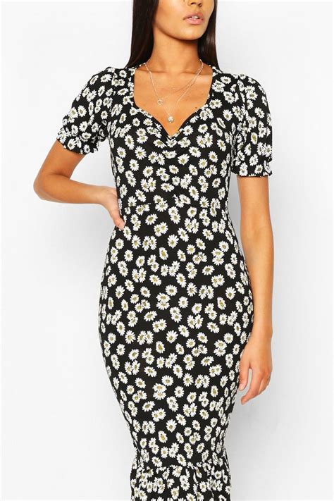 Daisy Print Ruched Frill Hem Midi Dress Boohoo Uk