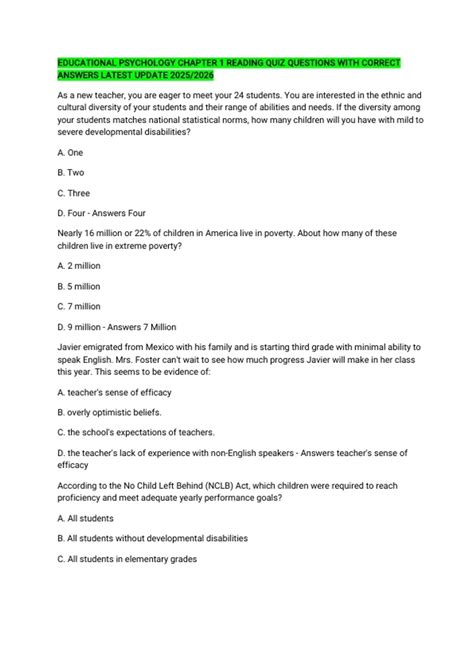 EDUCATIONAL PSYCHOLOGY CHAPTER 1 READING QUIZ QUESTIONS WITH CORRECT
