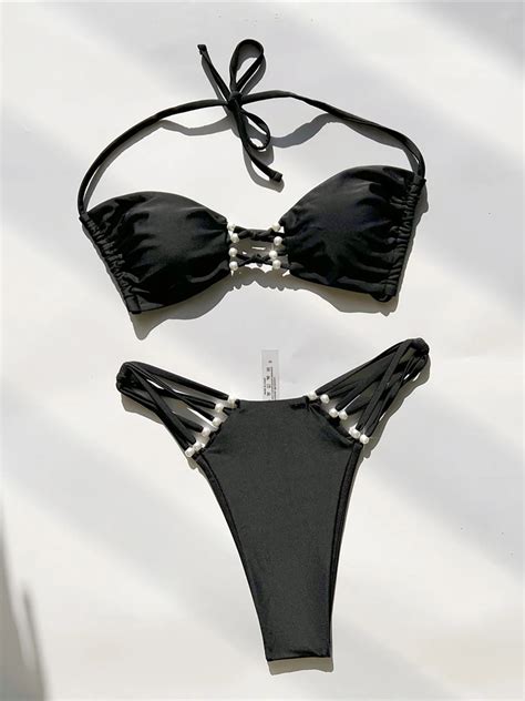 S Xl New Halter Pearls High Leg Cut Bikini Female Swimsuit Women Swimwear Two Pieces Bikini
